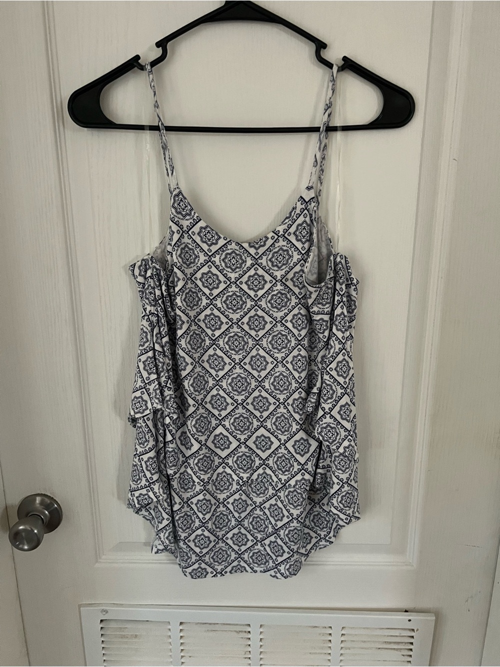 miami Blue and White Geometric One-Piece with Ruffle Sides
